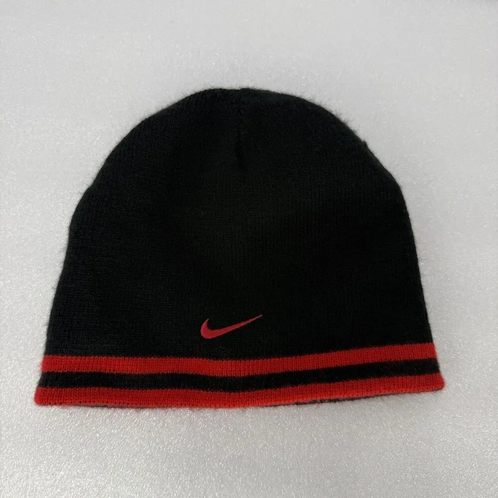 Vtg Nike Beanie Mens Black Red Reversible Thin Knit Embroidered Check Logo 2000s